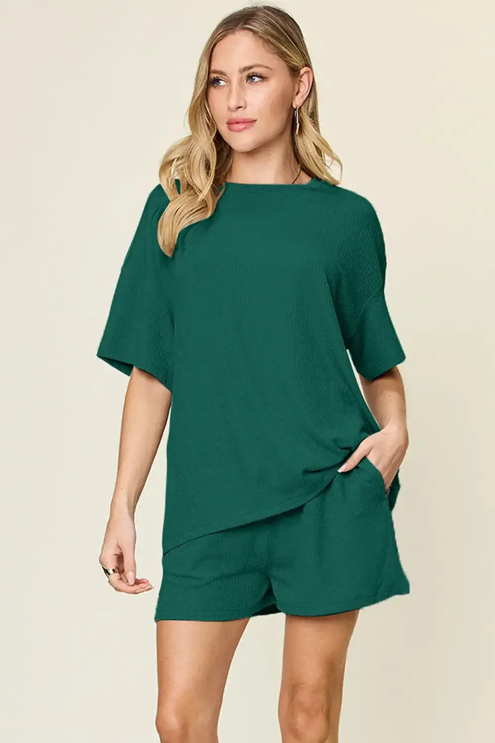 Double Take Basic style Round Neck Solid Set - Deep Teal / S - Round Neck Solid Set