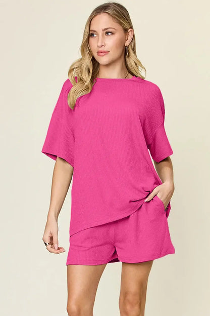 Double Take Basic style Round Neck Solid Set - Hot Pink / S - Round Neck Solid Set