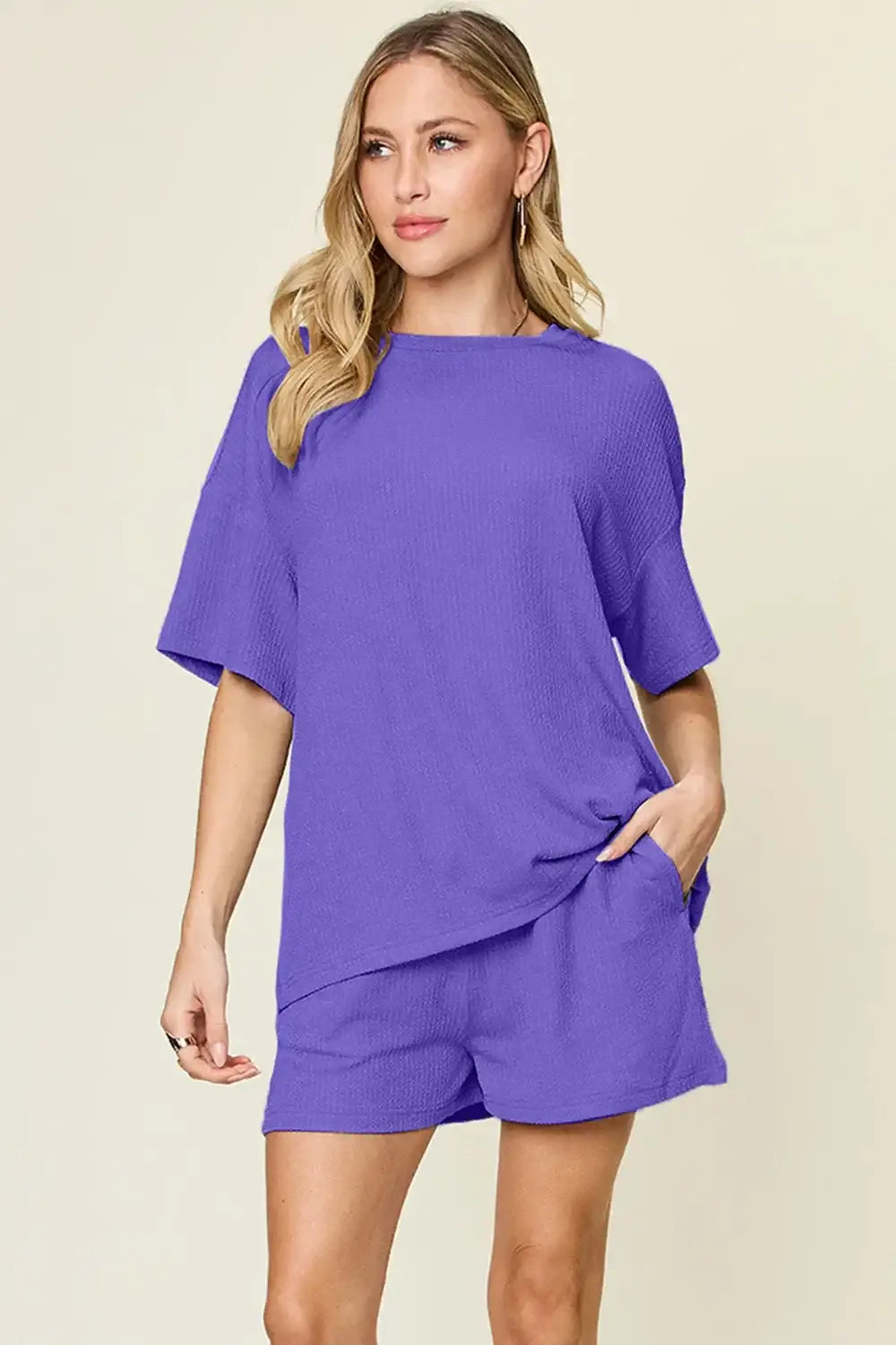 Double Take Basic style Round Neck Solid Set - Light Indigo / S - Round Neck Solid Set