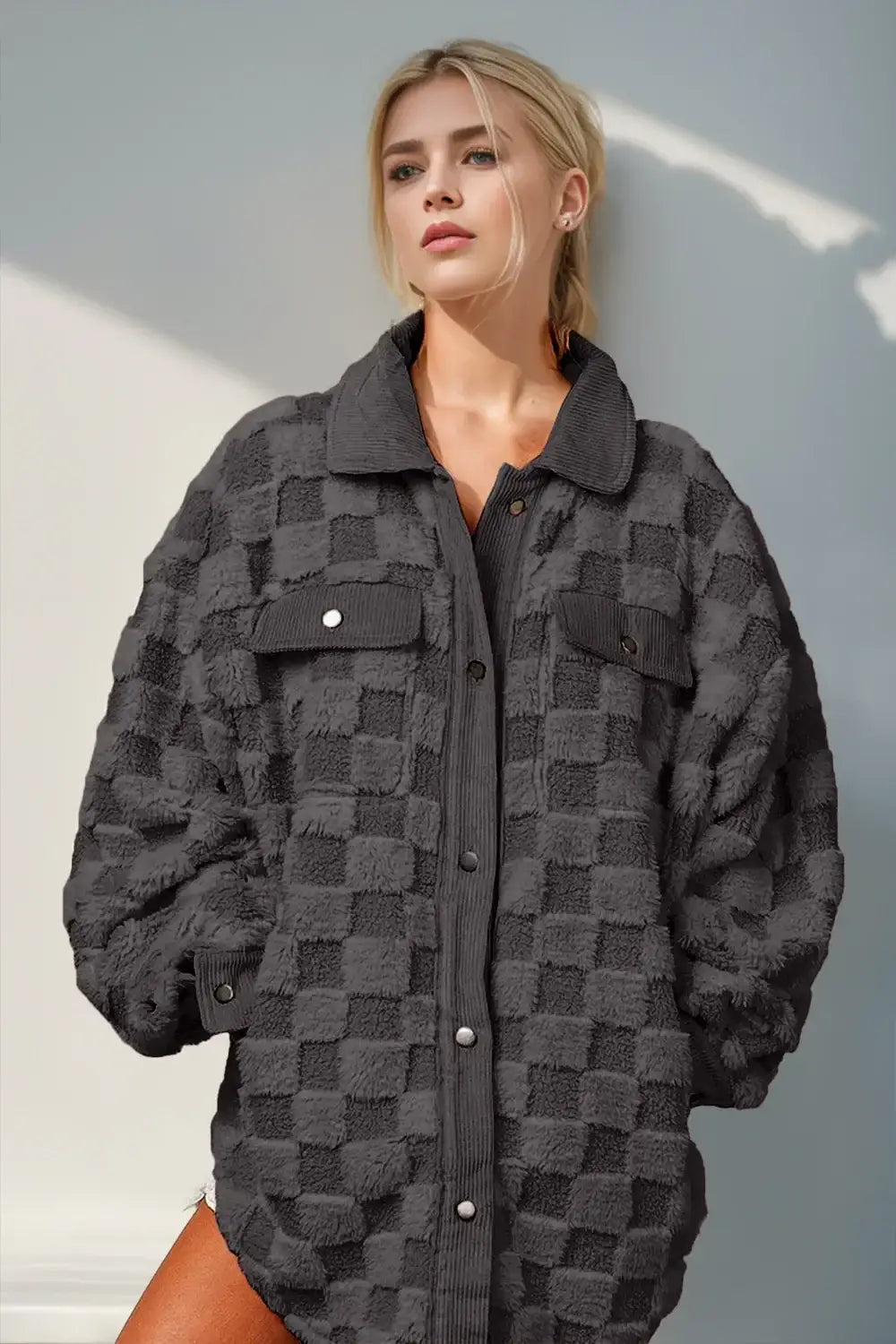 Double Take Button Up Fuzzy Checkered Shacket - Black / S - Outwears