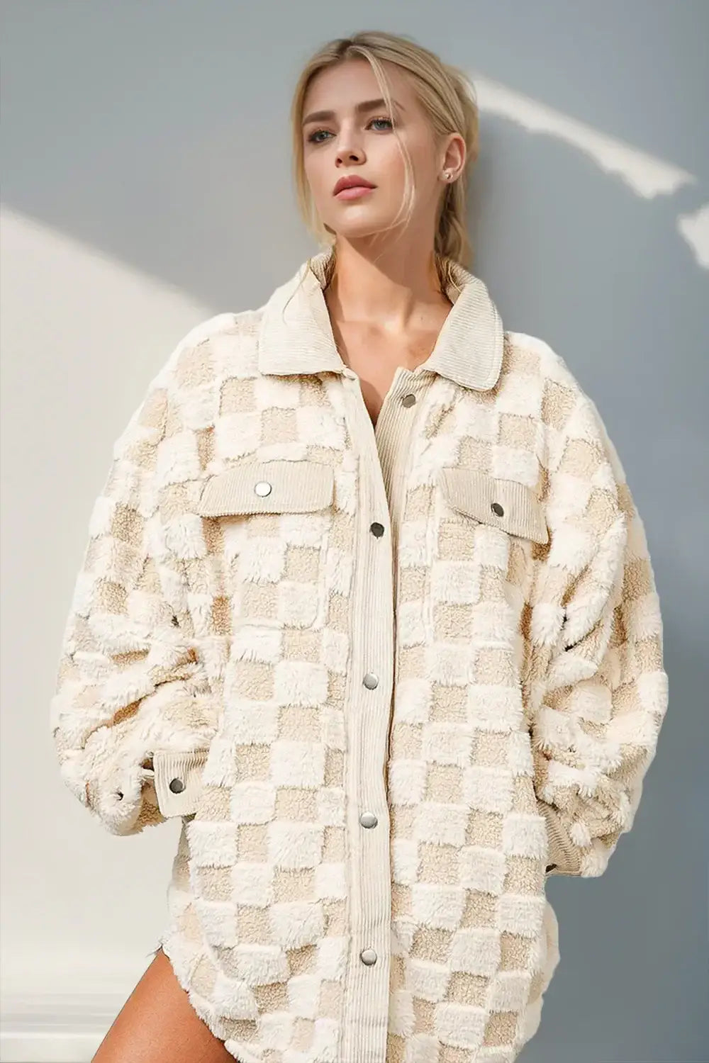 Double Take Button Up Fuzzy Checkered Shacket - Cream / S - Outwears