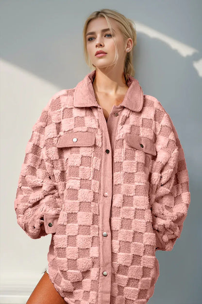 Double Take Button Up Fuzzy Checkered Shacket - Dusty Pink / S - Outwears