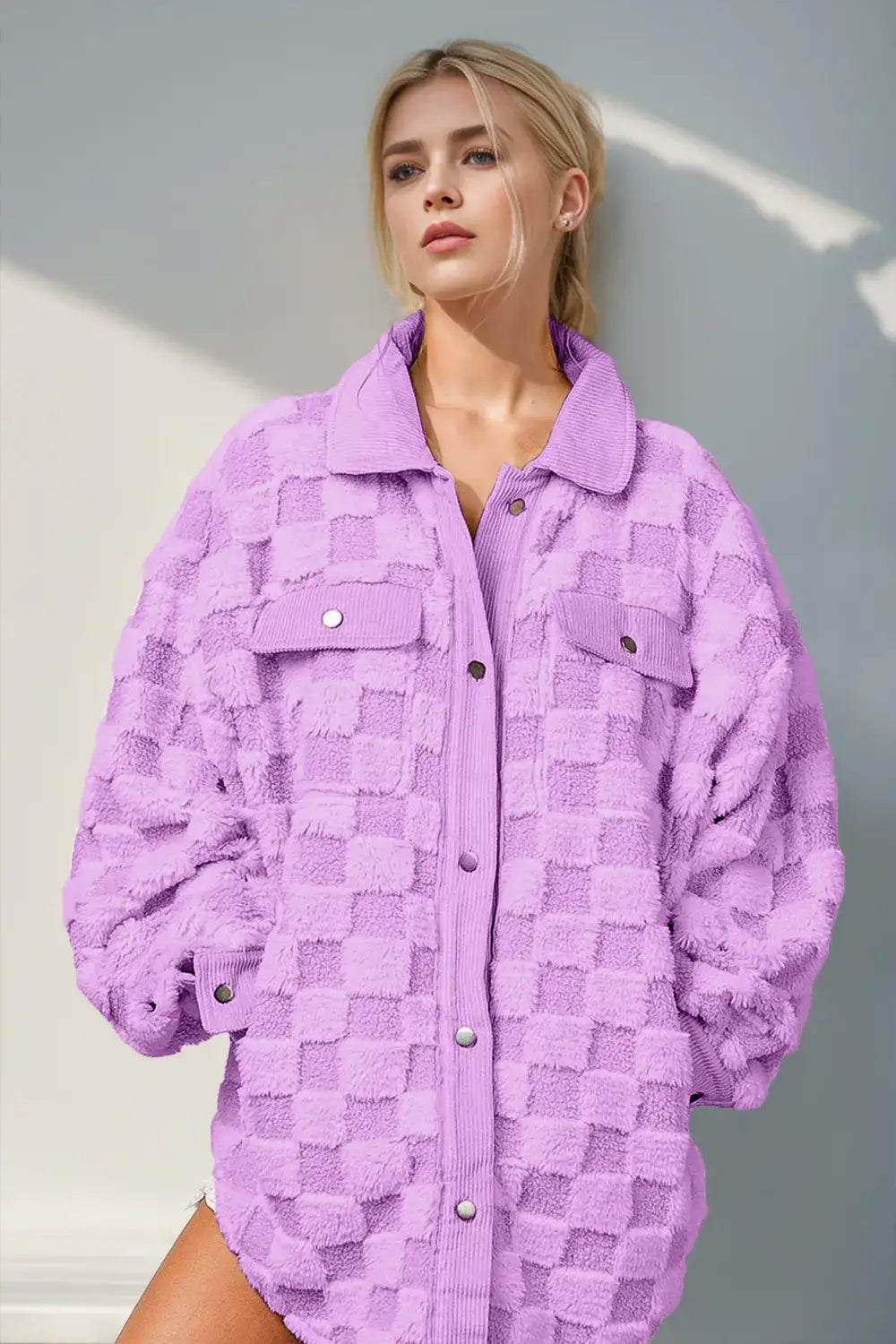 Double Take Button Up Fuzzy Checkered Shacket - Lilac / S - Outwears