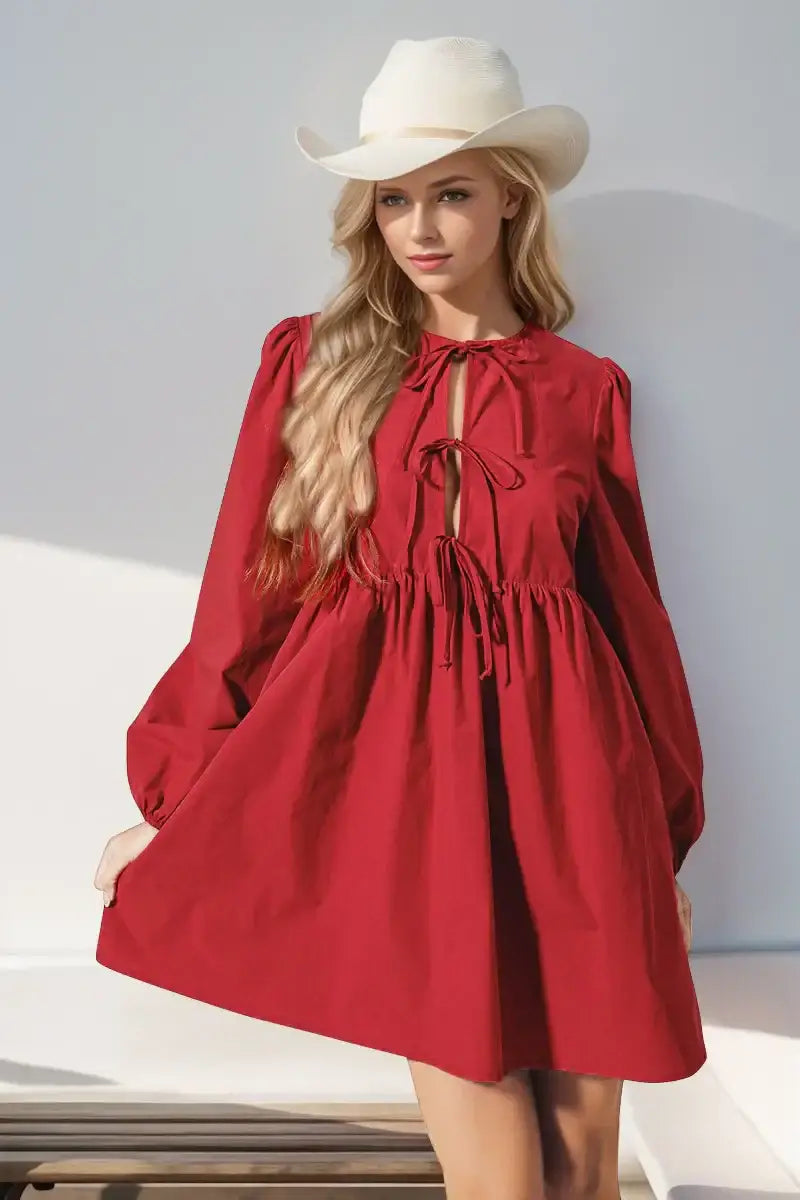 Double Take Christmas Front Tied Long Sleeve Mini Dress - Red / S - Long Sleeve Mini Dress