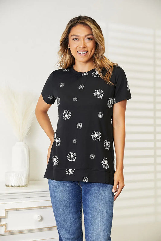 Double Take Dandelion Print Round Neck T-Shirt - Black / S
