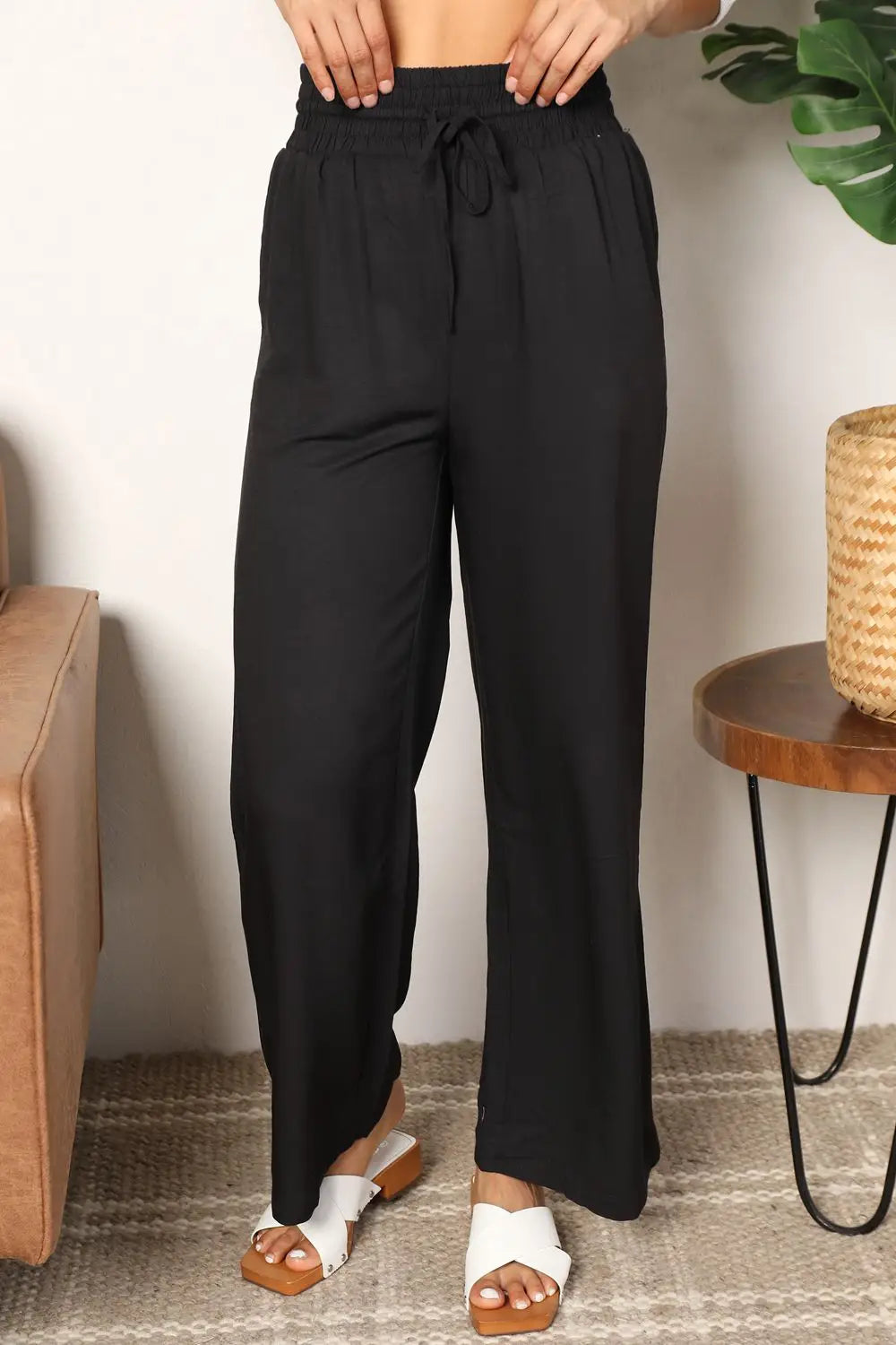 Double Take Drawstring Smocked Waist Wide Leg Pants - Black / S