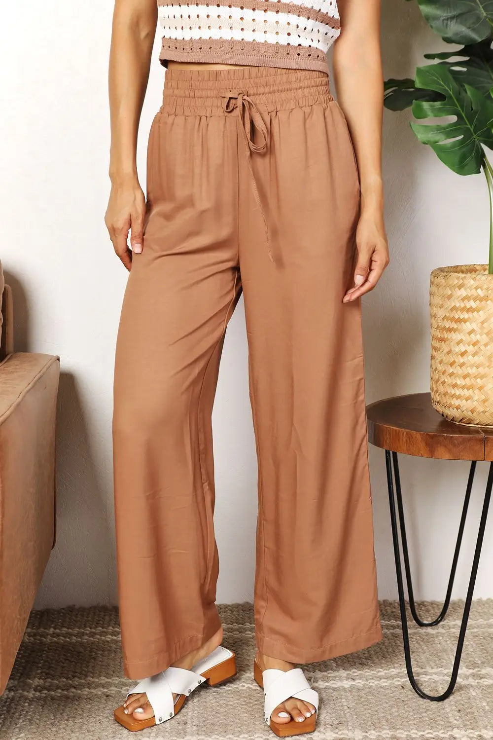 Double Take Drawstring Smocked Waist Wide Leg Pants - Camel / S