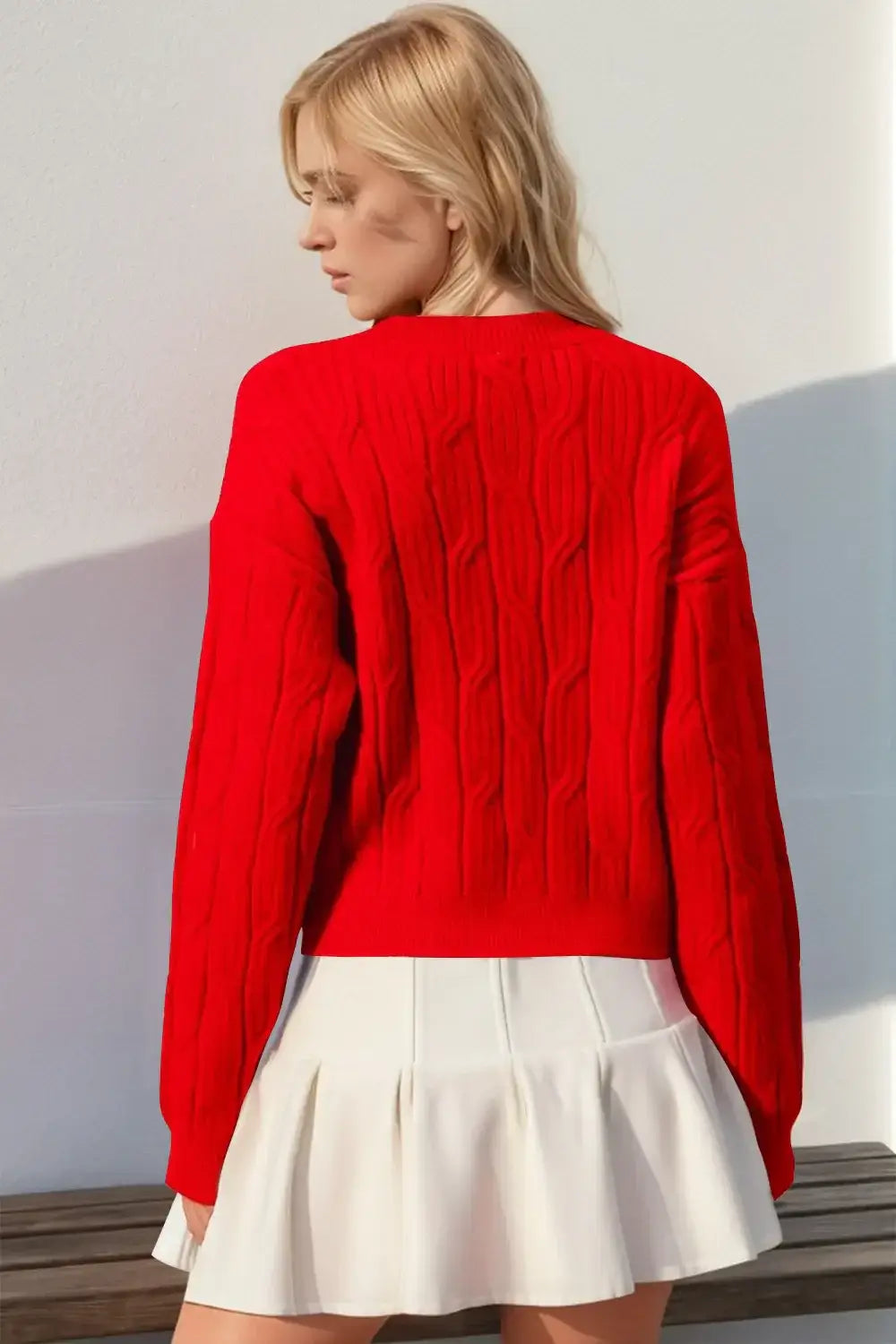 Double Take Full Size Bow Cable-Knit Round Neck Sweater - Apparel & Accessories > Clothing > Shirts & Tops > Sweaters