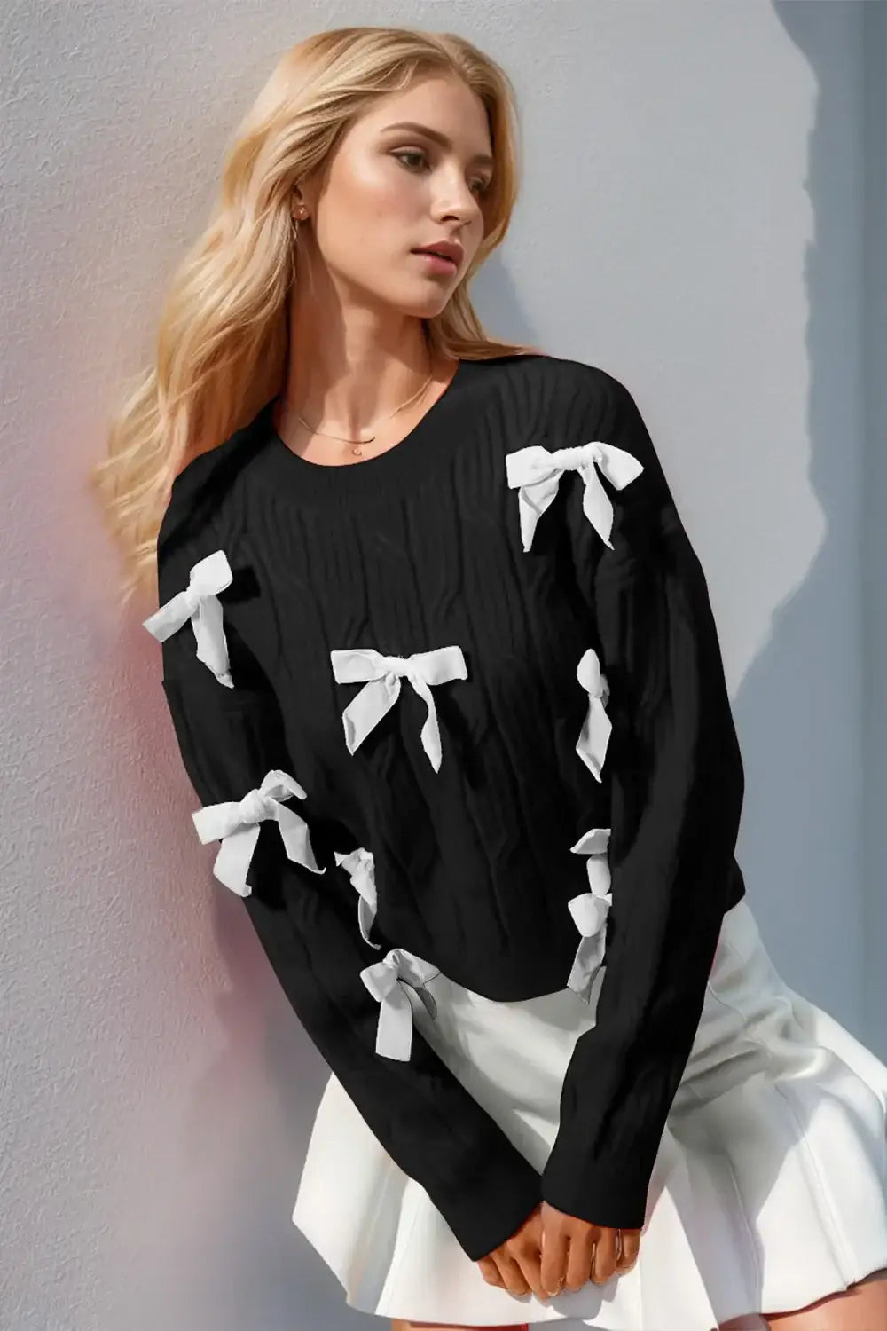 Double Take Full Size Bow Cable-Knit Round Neck Sweater - Black / S/M - Apparel & Accessories > Clothing > Shirts &