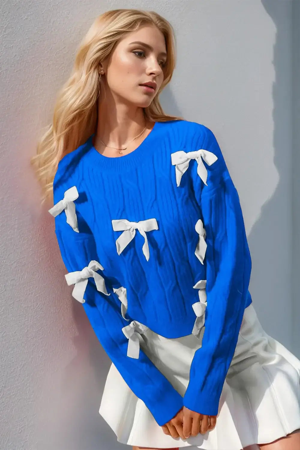 Double Take Full Size Bow Cable-Knit Round Neck Sweater - Blue / S/M - Apparel & Accessories > Clothing > Shirts & Tops