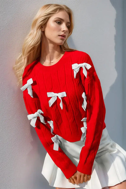 Double Take Full Size Bow Cable-Knit Round Neck Sweater - Red / S/M - Apparel & Accessories > Clothing > Shirts & Tops