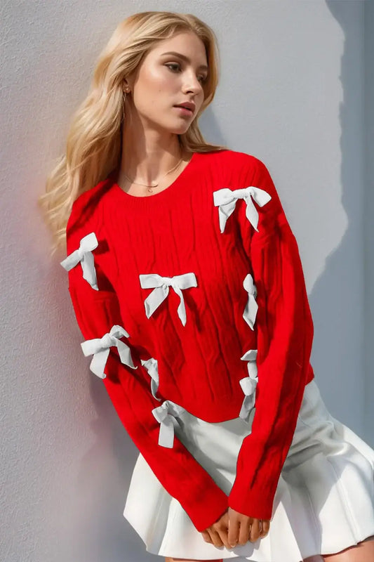 Double Take Full Size Bow Cable-Knit Round Neck Sweater - Red / S/M - Apparel & Accessories > Clothing > Shirts & Tops