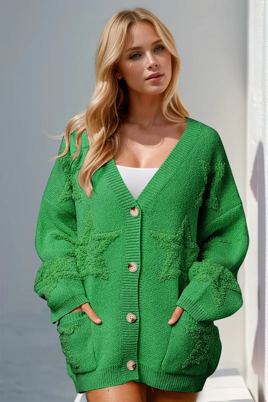 Double Take Full Size Button Up Star Pattern Cardigan - Green / S/M - Apparel & Accessories > Clothing > Shirts & Tops