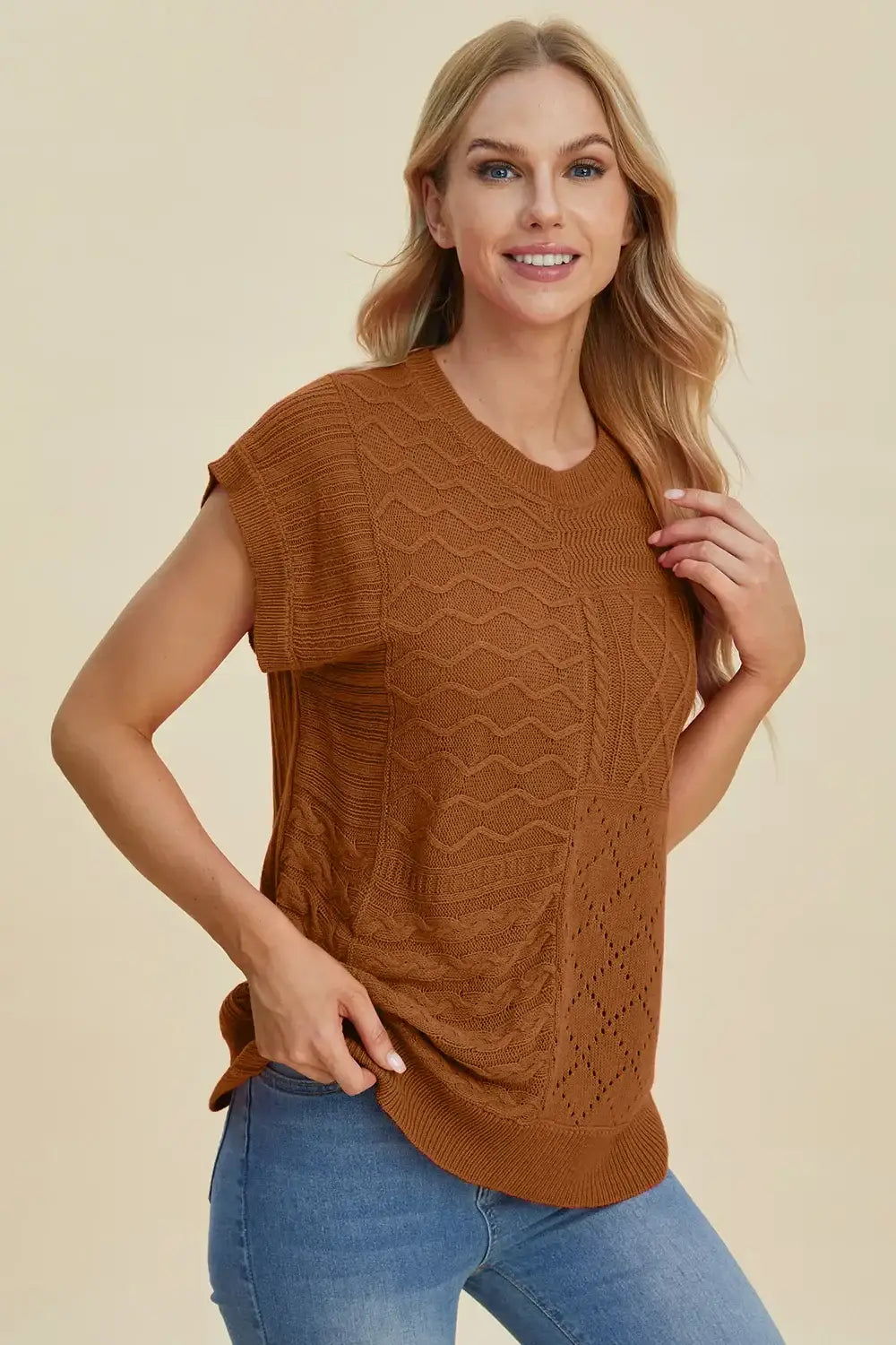 Double Take Full Size Cable-Knit Round Neck Cap Sleeve Sweater - Brown / S