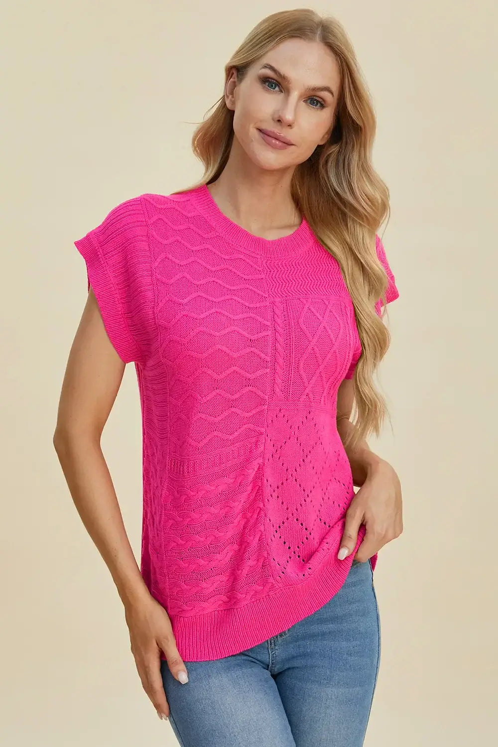 Double Take Full Size Cable-Knit Round Neck Cap Sleeve Sweater - Hot Pink / S