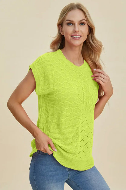 Double Take Full Size Cable-Knit Round Neck Cap Sleeve Sweater - Lime / S