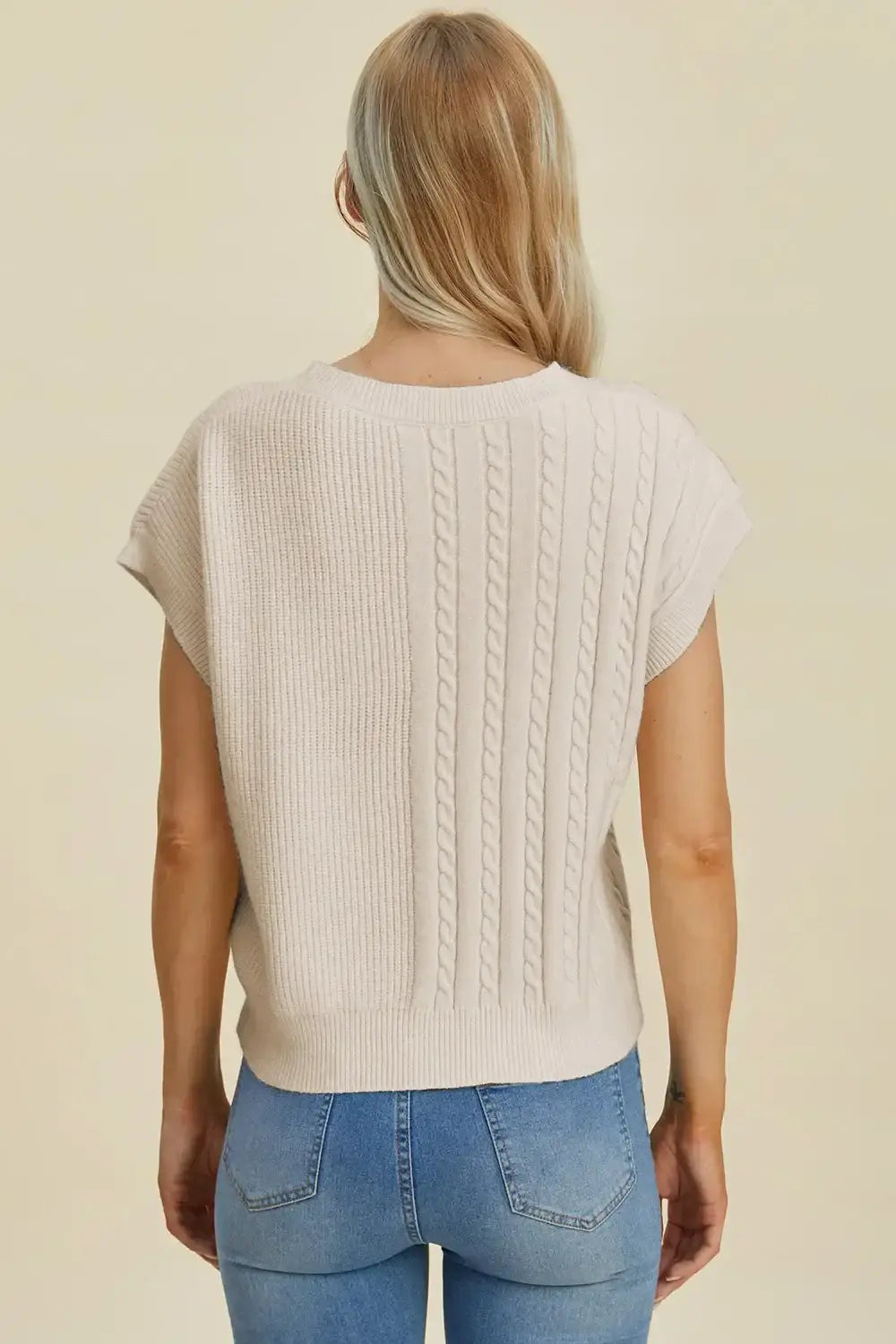 Double Take Full Size Cable-Knit Round Neck Short Sleeve Sweater - Apparel & Accessories > Clothing > Shirts & Tops >