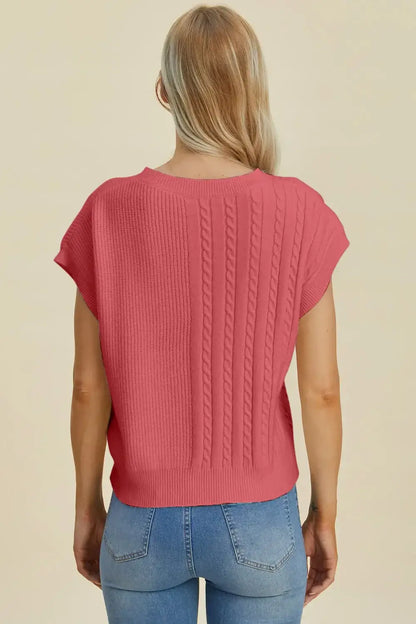 Double Take Full Size Cable-Knit Round Neck Short Sleeve Sweater - Apparel & Accessories > Clothing > Shirts & Tops >