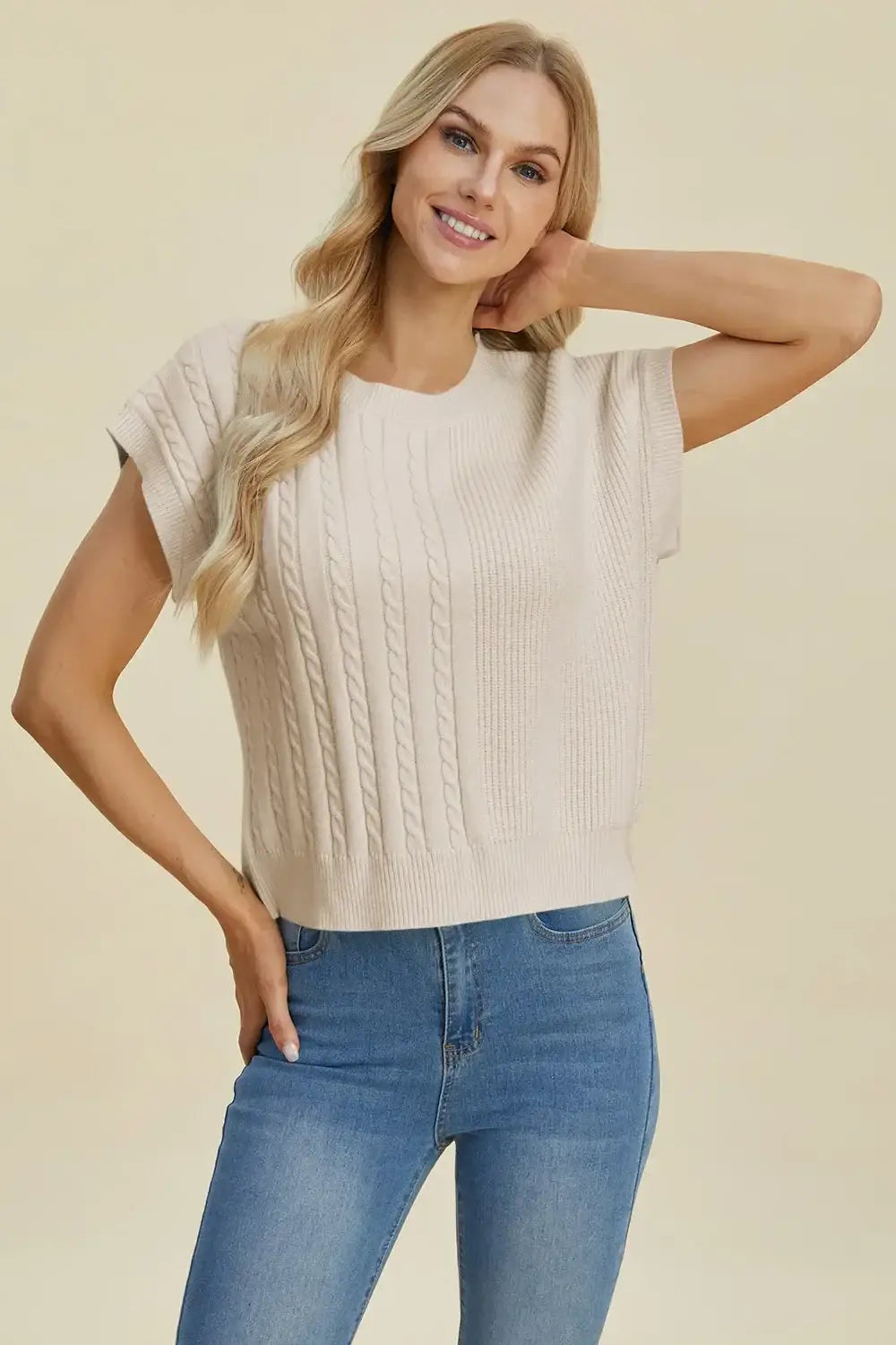 Double Take Full Size Cable-Knit Round Neck Short Sleeve Sweater - Apparel & Accessories > Clothing > Shirts & Tops >