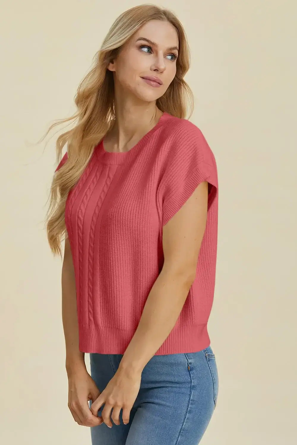 Double Take Full Size Cable-Knit Round Neck Short Sleeve Sweater - Apparel & Accessories > Clothing > Shirts & Tops >