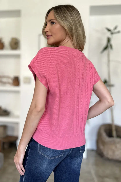 Double Take Full Size Cable-Knit Round Neck Short Sleeve Sweater - Apparel & Accessories > Clothing > Shirts & Tops >