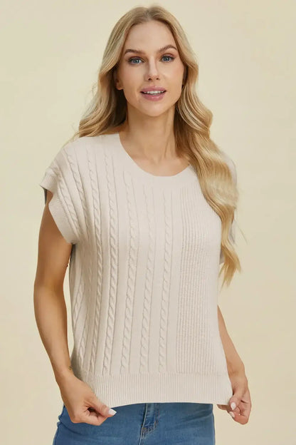 Double Take Full Size Cable-Knit Round Neck Short Sleeve Sweater - Apparel & Accessories > Clothing > Shirts & Tops >