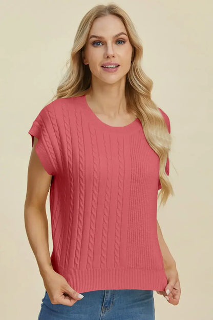 Double Take Full Size Cable-Knit Round Neck Short Sleeve Sweater - Apparel & Accessories > Clothing > Shirts & Tops >