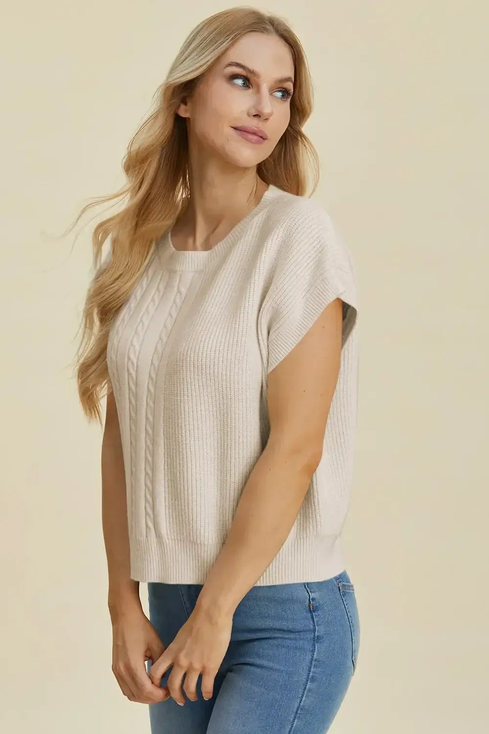 Double Take Full Size Cable-Knit Round Neck Short Sleeve Sweater - Apparel & Accessories > Clothing > Shirts & Tops >