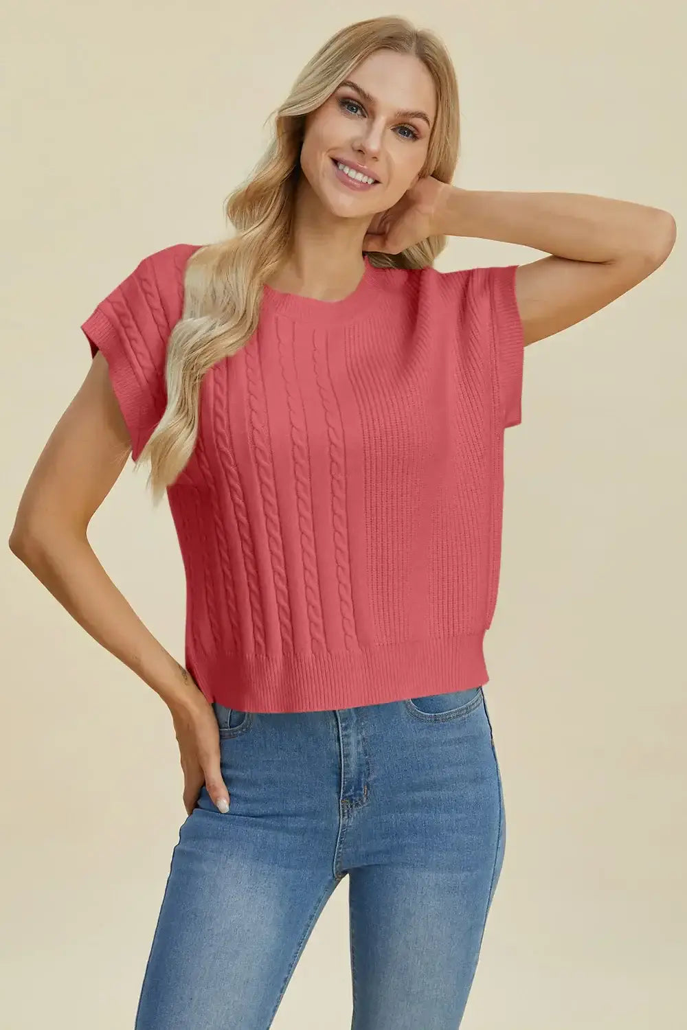 Double Take Full Size Cable-Knit Round Neck Short Sleeve Sweater - Apparel & Accessories > Clothing > Shirts & Tops >