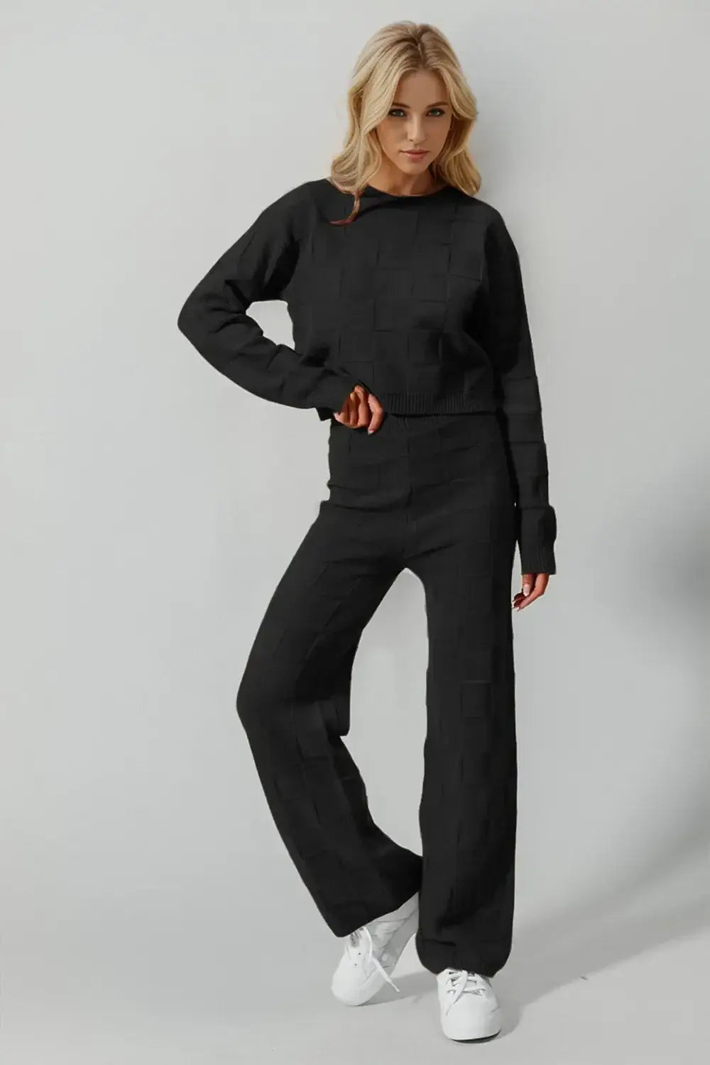 Double Take Full Size Checkered Round Neck Top and Pants Set - Black / S/M - Apparel & Accessories > Clothing > Shirts