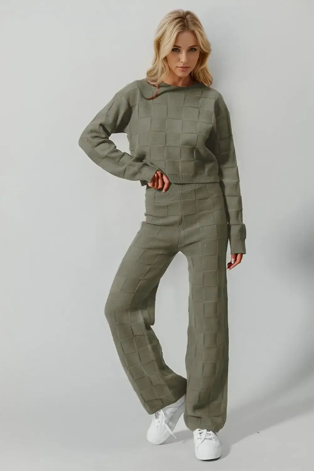 Double Take Full Size Checkered Round Neck Top and Pants Set - Matcha Green / S/M - Apparel & Accessories > Clothing >