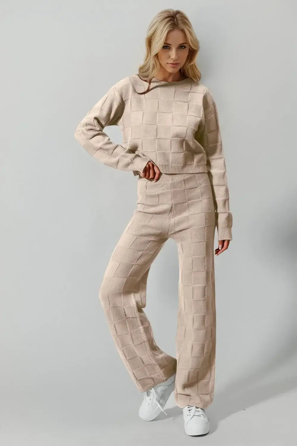 Double Take Full Size Checkered Round Neck Top and Pants Set - Tan / S/M - Apparel & Accessories > Clothing > Shirts &
