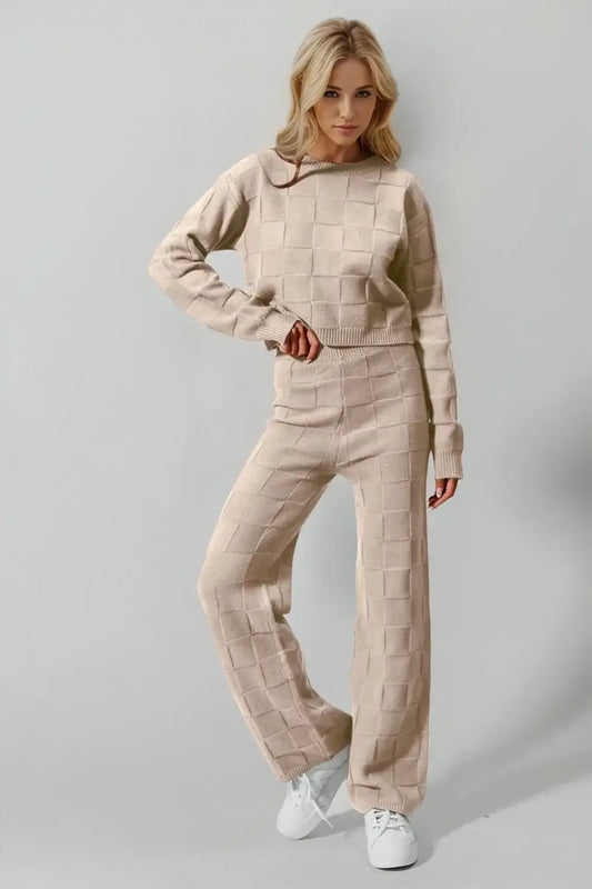 Double Take Full Size Checkered Round Neck Top and Pants Set - Tan / S/M - Apparel & Accessories > Clothing > Shirts &