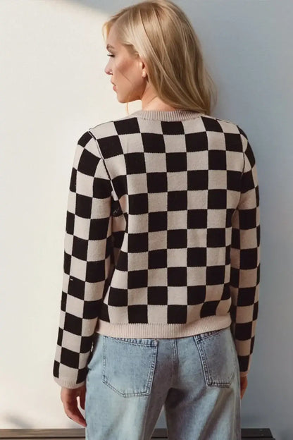 Double Take Full Size Checkered Tie Front Long Sleeve Cardigan - Apparel & Accessories > Clothing > Shirts & Tops >