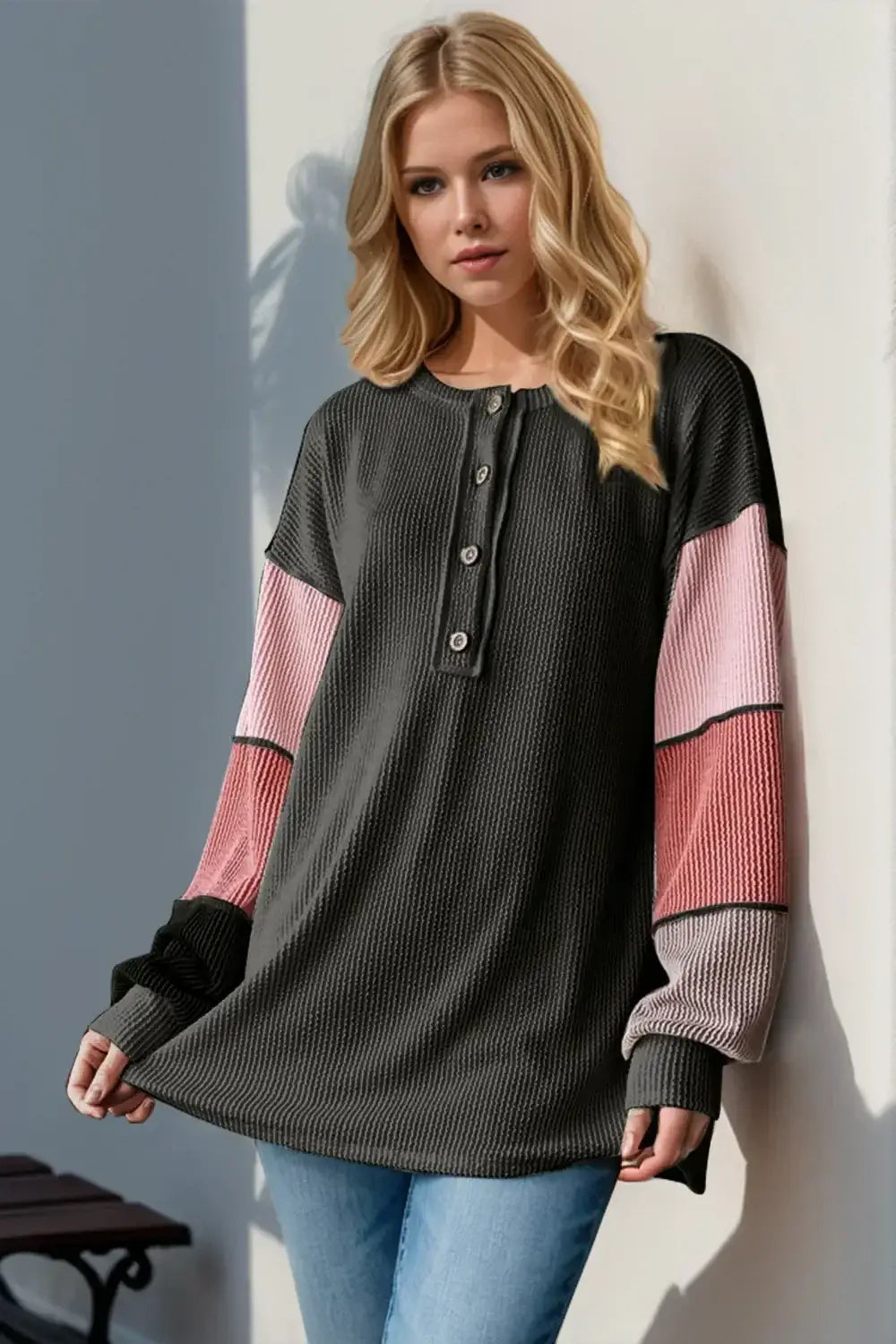 Double Take Full Size Color Block Round Neck Long Sleeve T-Shirt - Black / S - Long Sleeve T-Shirt