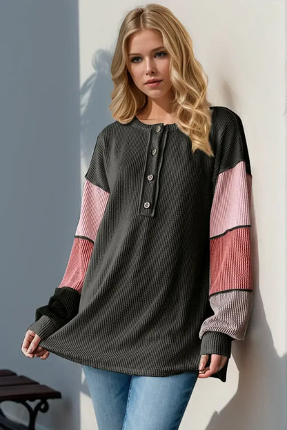 Double Take Full Size Color Block Round Neck Long Sleeve T-Shirt - Black / S - Long Sleeve T-Shirt
