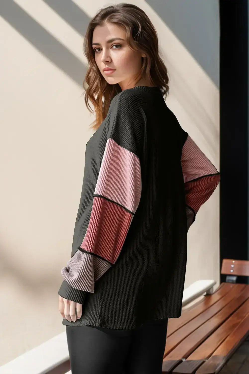 Double Take Full Size Color Block Round Neck Long Sleeve T-Shirt - Long Sleeve T-Shirt