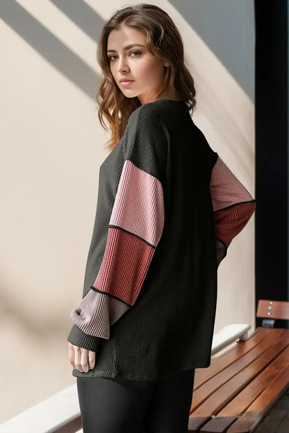 Double Take Full Size Color Block Round Neck Long Sleeve T-Shirt - Long Sleeve T-Shirt