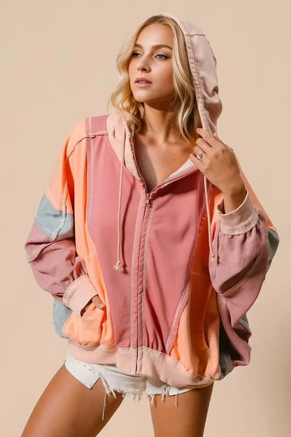 Double Take Full Size Color Block Zip Up Hoodie - Burnt Coral / S