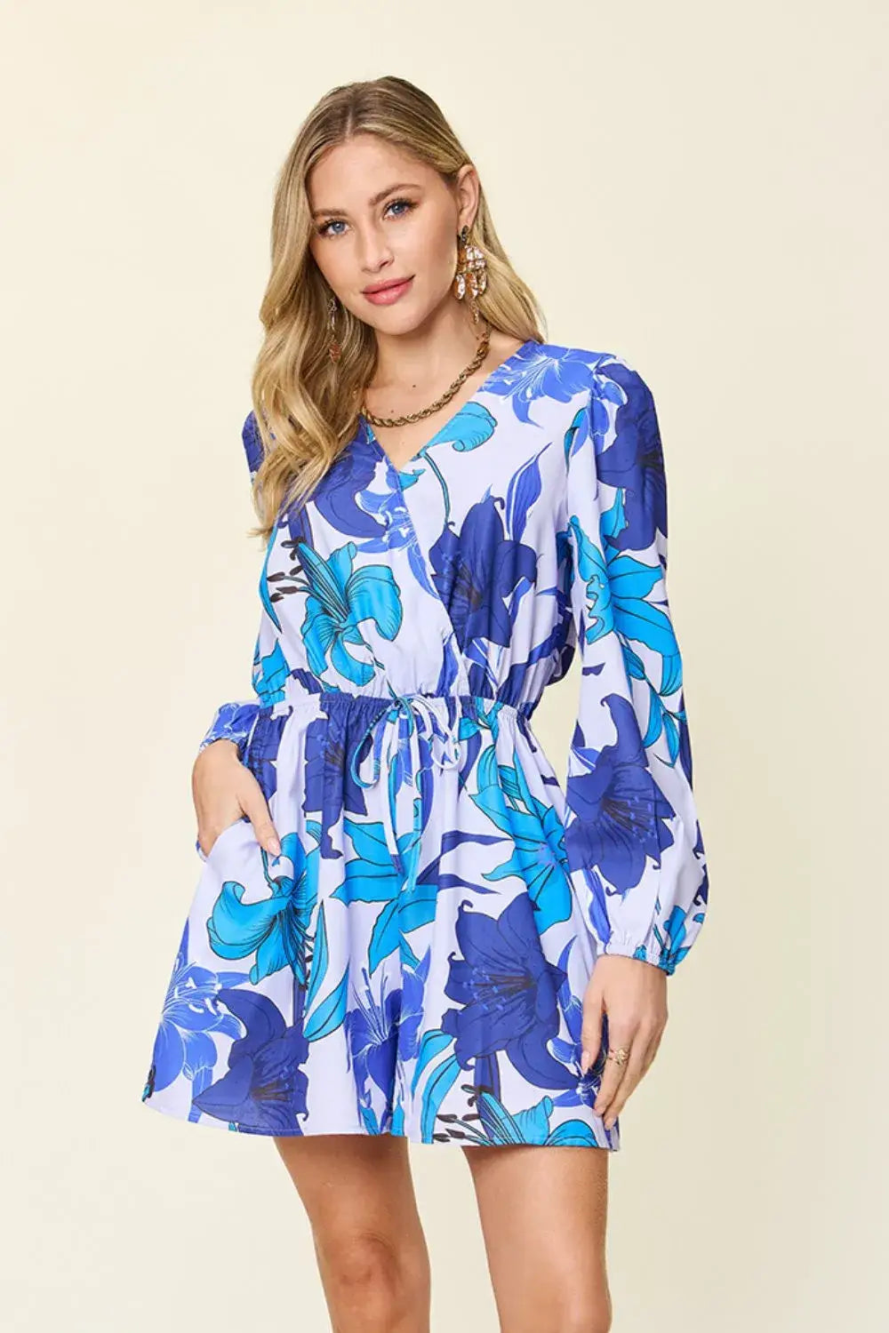 Double Take Full Size Floral Long Sleeve Romper with Pockets - Long Sleeve Romper