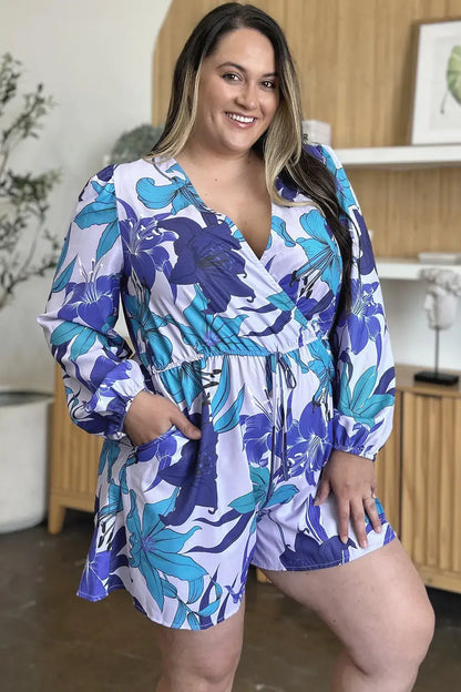 Double Take Full Size Floral Long Sleeve Romper with Pockets - Long Sleeve Romper