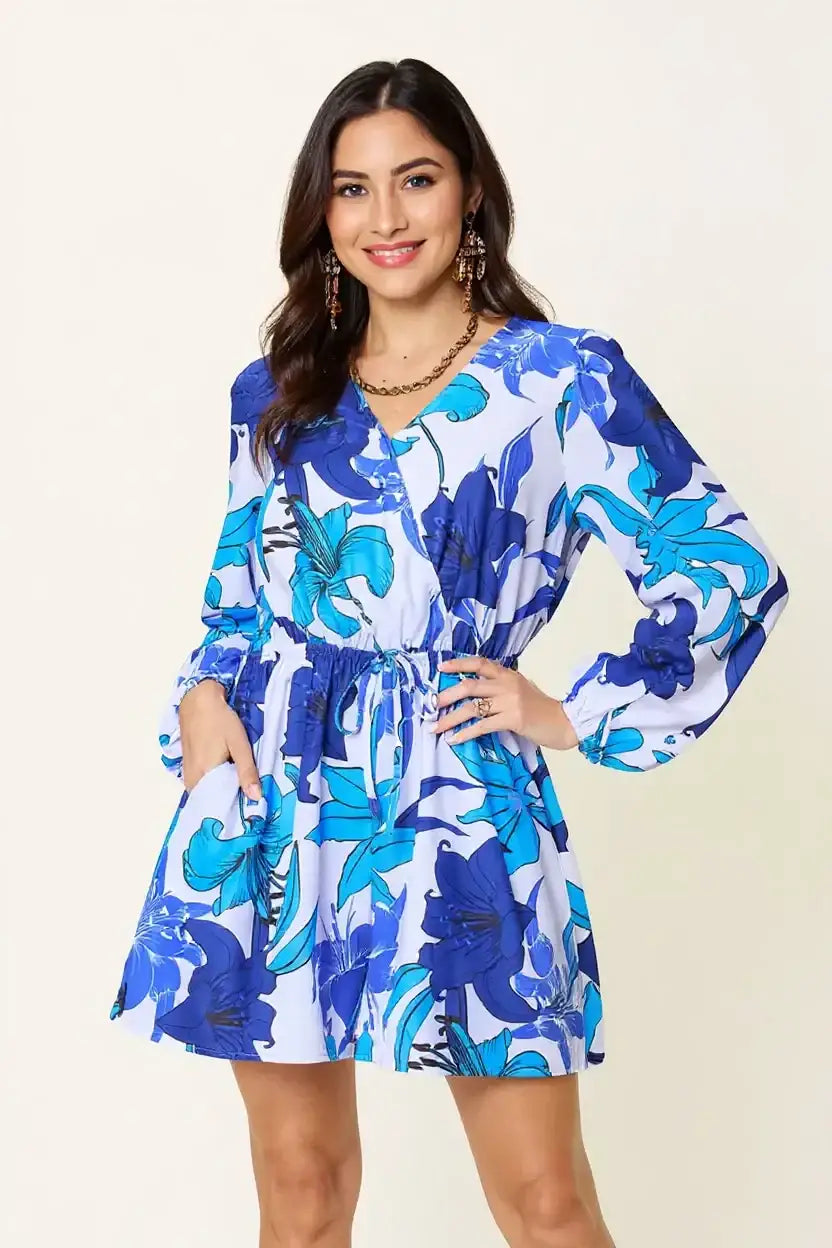 Double Take Full Size Floral Long Sleeve Romper with Pockets - Blue / S - Long Sleeve Romper