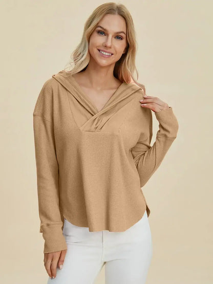 Double Take Full Size High-Low Dropped Shoulder Long Sleeve Hoodie - Camel / S