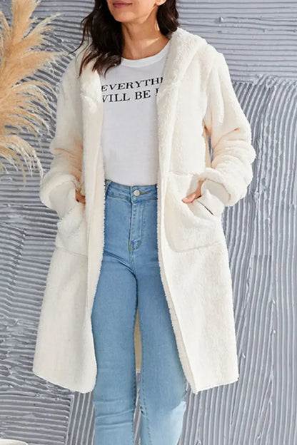 Cream fluffy long hooded teddy bear jacket with pockets and relaxed fit for full size women