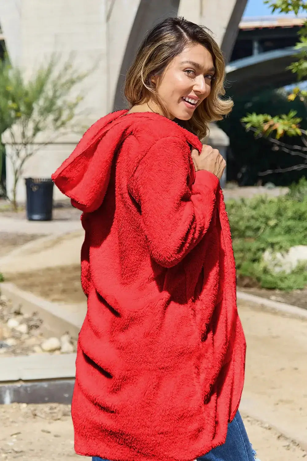 Red fluffy oversized hooded teddy bear jacket with pockets and thumbholes in size hooded teddy
