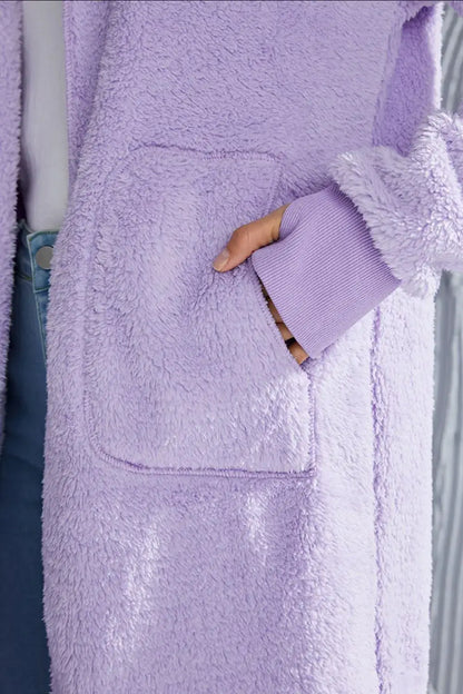 Lavender fluffy bathrobe with pockets and ribbed cuffs, perfect as a size hooded teddy bear jacket