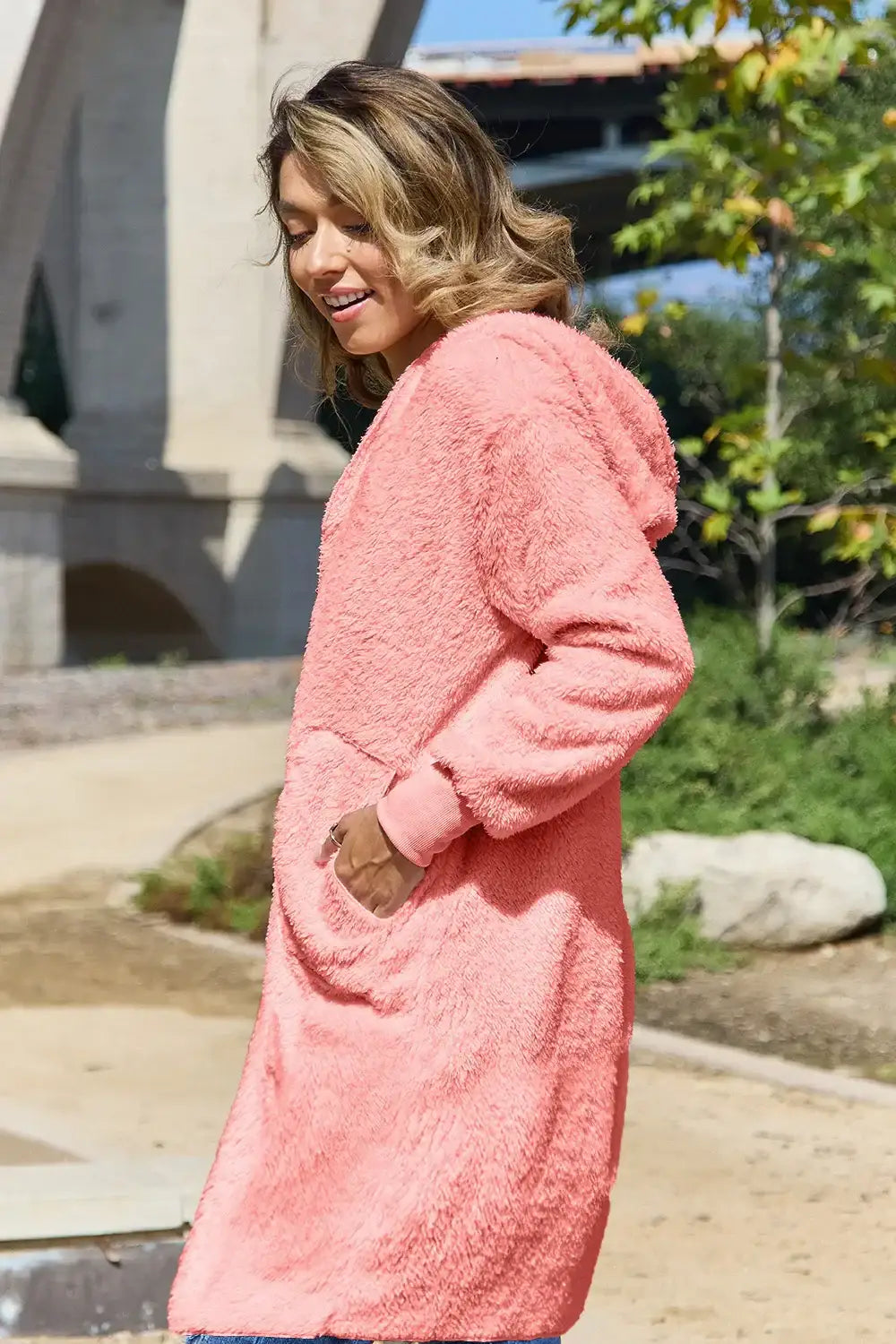 Coral oversized hooded teddy bear jacket with pockets and drawstring hood for full size comfort