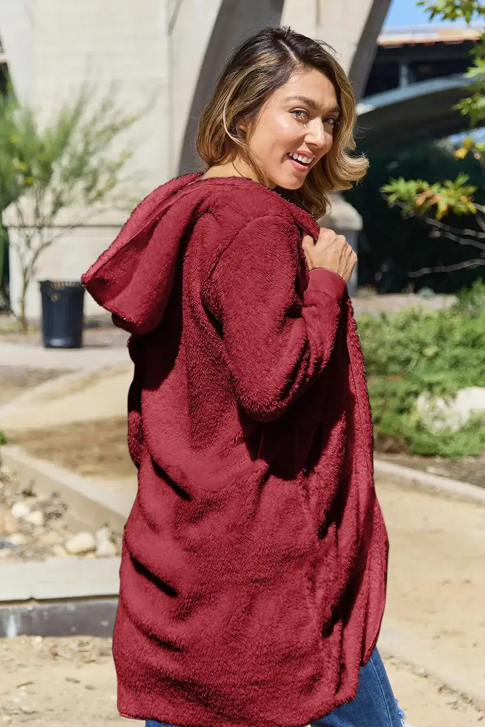 Burgundy oversized hooded teddy bear jacket with fleece material and pockets