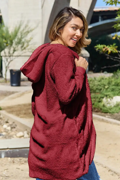 Burgundy oversized hooded teddy bear jacket with fleece material and pockets