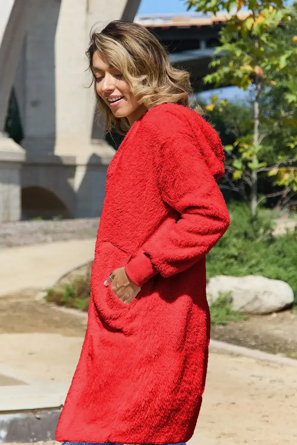 Red fluffy hooded teddy bear jacket with pockets and thumbholes, full size hooded teddy